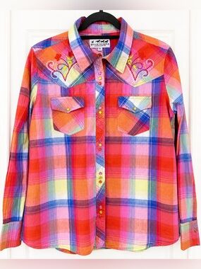 Back in The Saddle Embroidered Western Snap Shirt XL Colorful Plaid Cowgirl